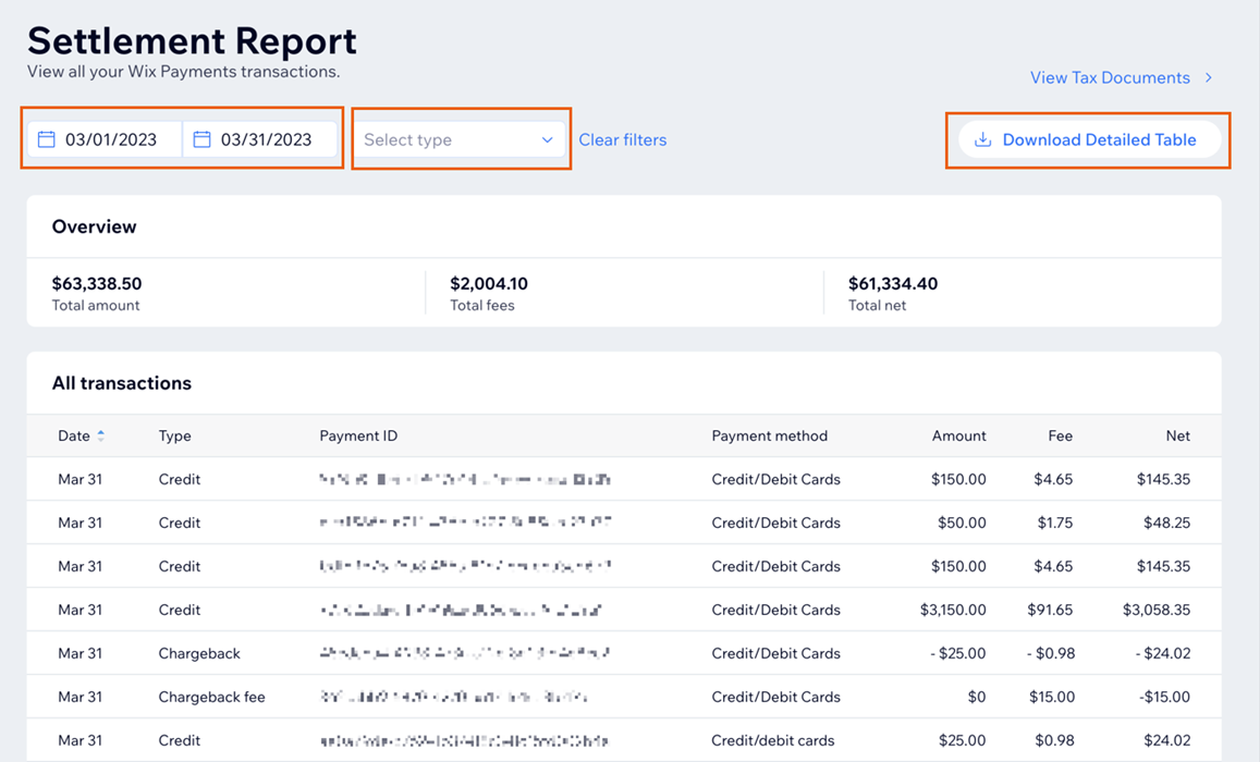 CSV 形式とフィルターをダウンロードするオプションが表示された決済レポートページ。