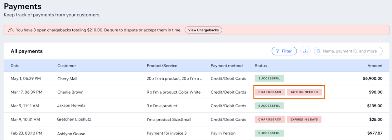 payments table showing action needed notification for a chargeback,