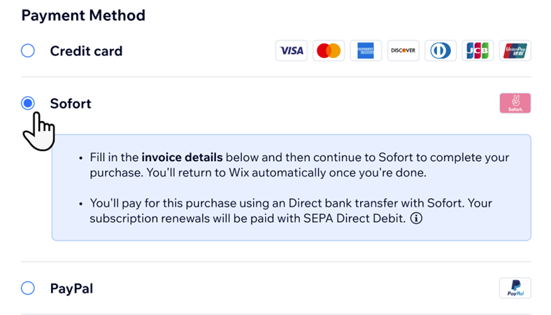 sofort as a payment option in the Wix checkout,