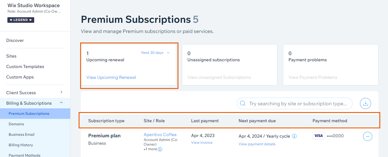 Wix Studio Premium Subscriptions page,