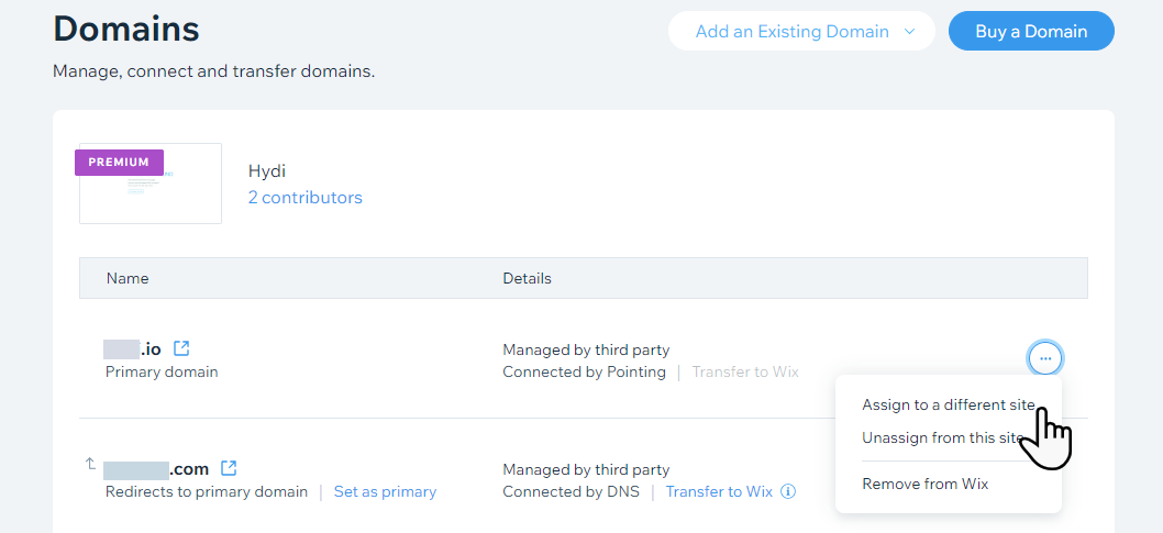 Assigning a domain from the domains page,