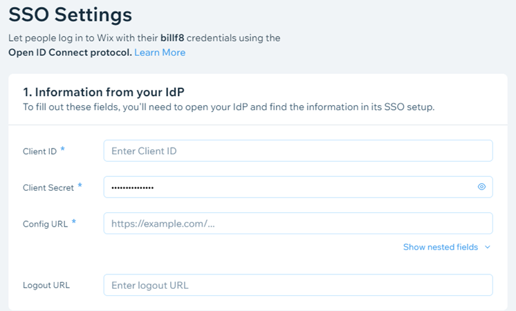 Configurações de SSO, informações do IDP