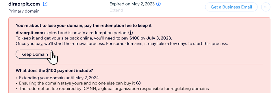 Uma captura de tela da notificação de redenção onde você pode clicar para recuperar seu domínio.