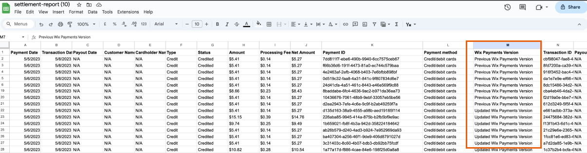 A CSV download of a Wix Payments settlement report,