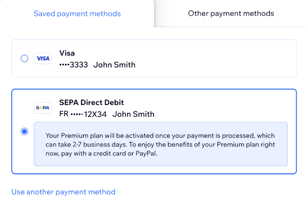 a saved SEPA payment method in a Wix account,