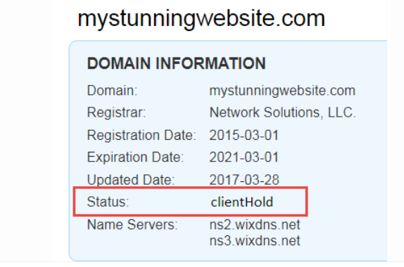 A screenshot of a domain lookup on 'whois' showing a domain status of clientHold,