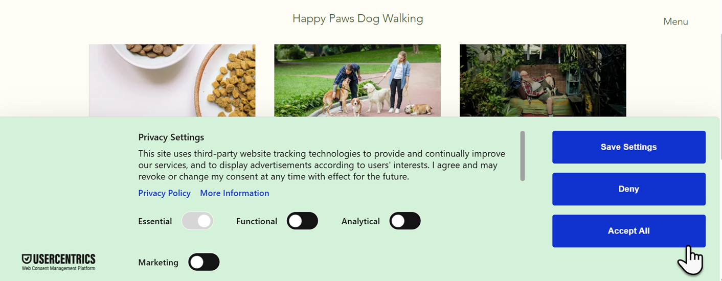 Banner dei cookie di usercentrics su una landing page