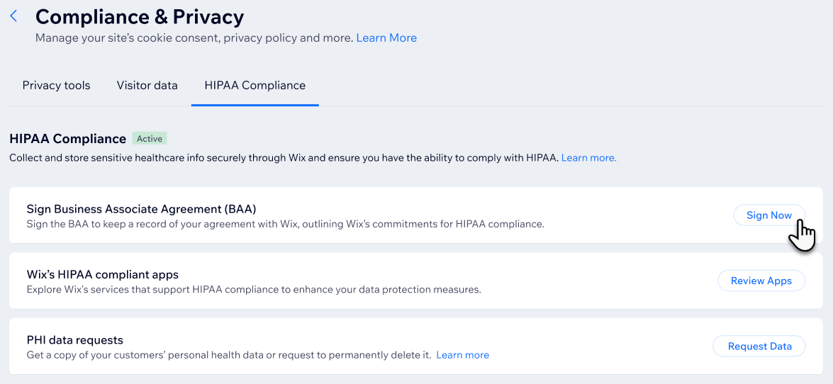 BAA に署名する様子を示したスクリーンショット。