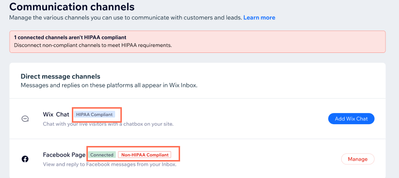 un canale non conforme a hipaa contrassegnato nella pagina dei canali di comunicazione