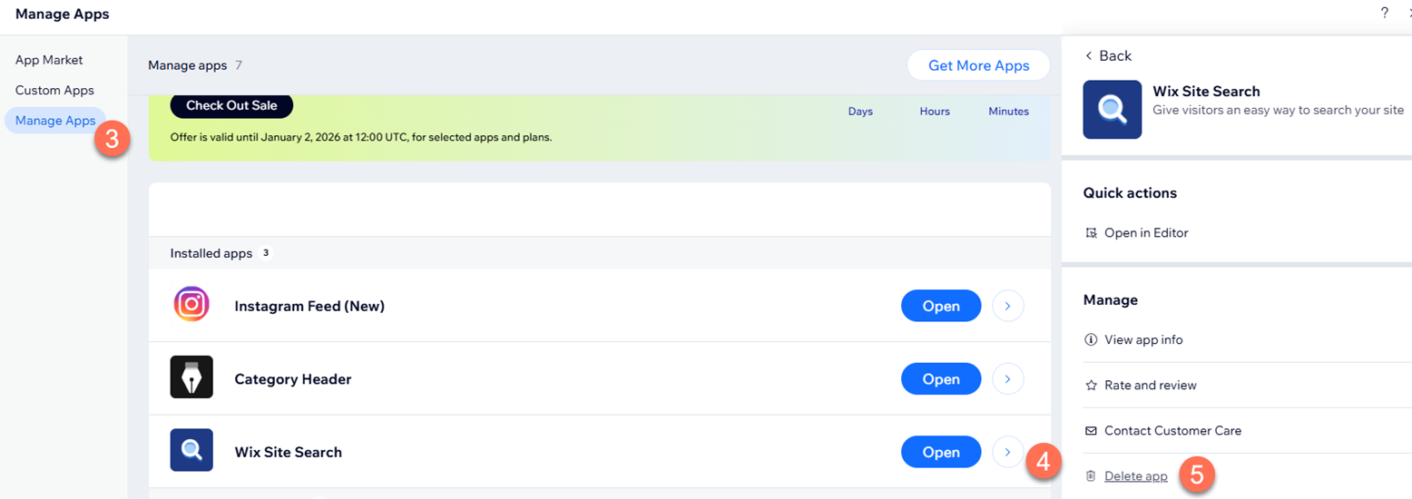 deleting site search app from the wix editor,