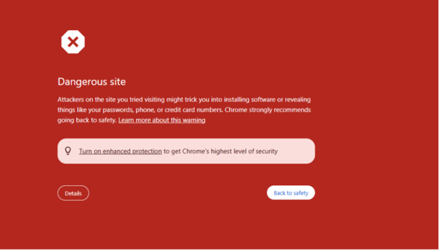 Chrome warning for a dangerous site urging users to turn on advanced protection,,