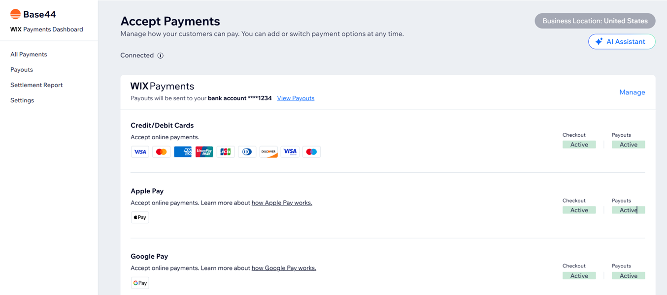 Base44 active and accepting payments,