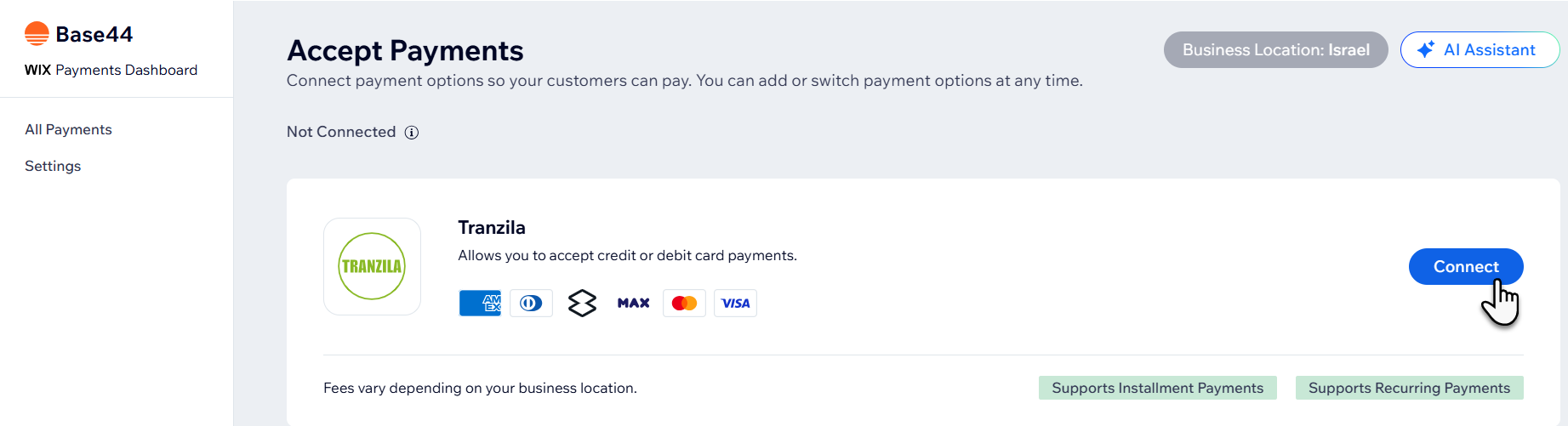 connecting tranzila in Base44
