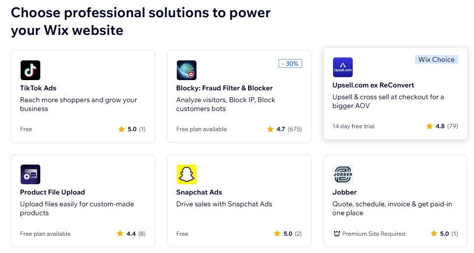 Home page del Wix App Market