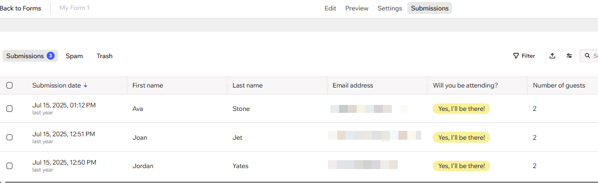 screenshot of forms submission table in wix forms