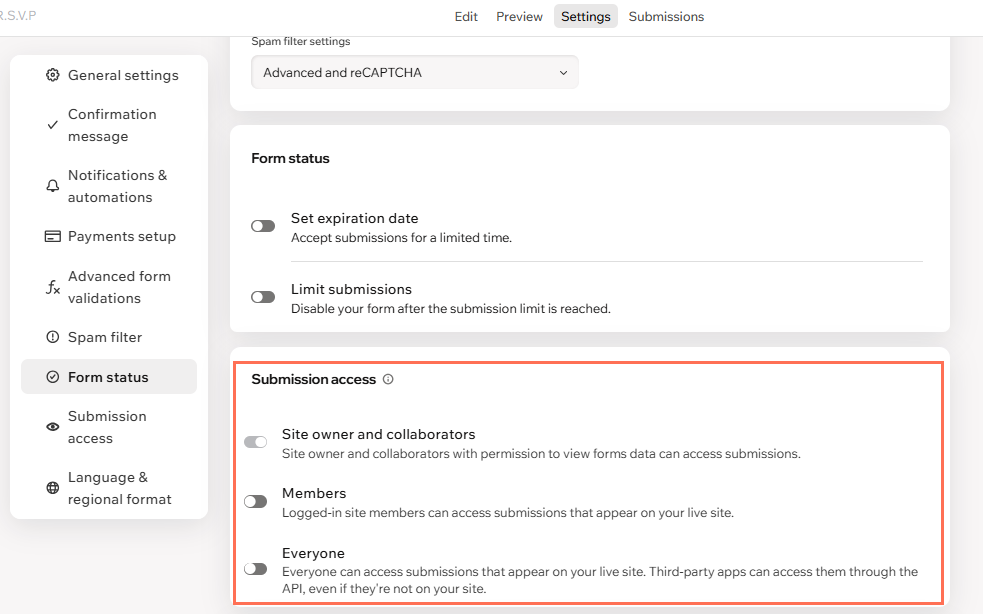 screenshot of submission access settings in wix forms