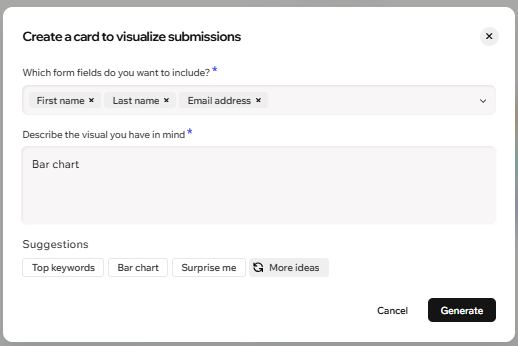 Wix フォームの回答ダッシュボードにある、カード作成パネル