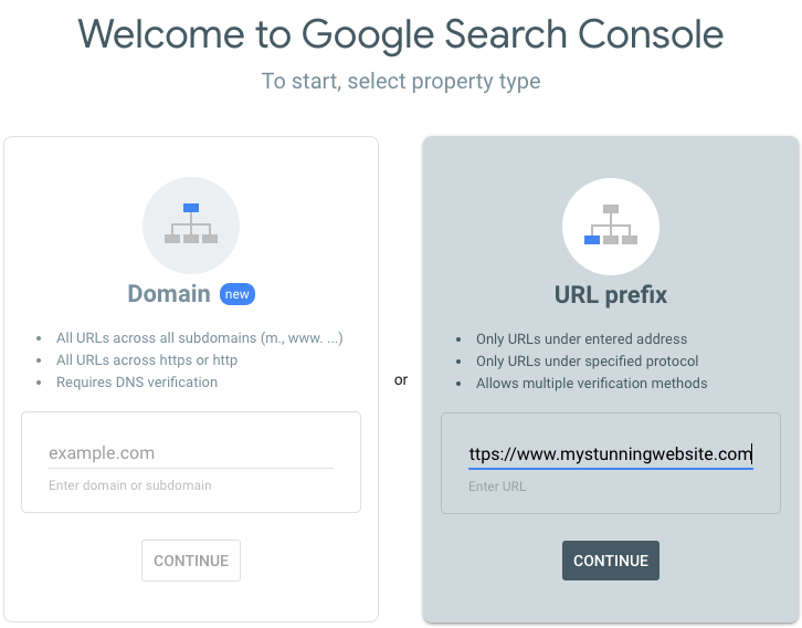 Een screenshot van de Google Search Console-instellingenpagina, met een URL ingevoerd in het URL-voorvoegsel-veld.