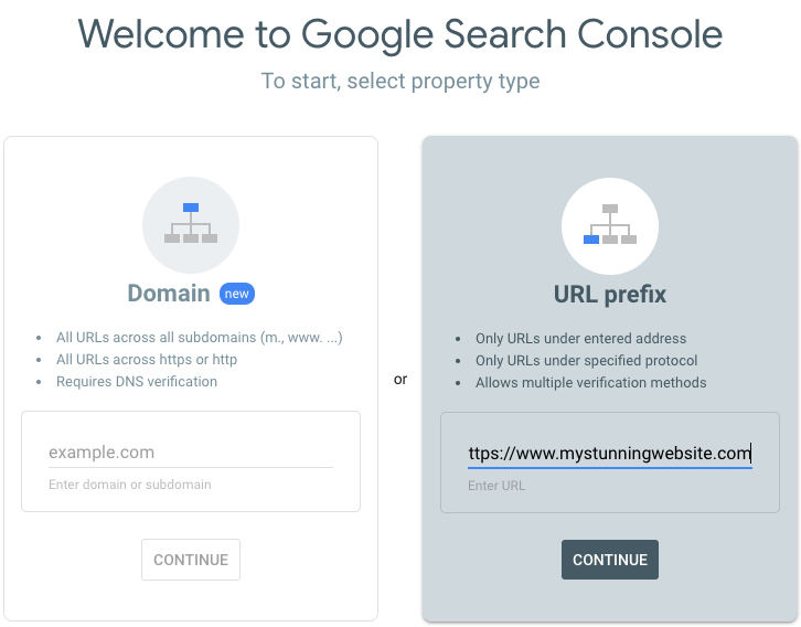 Screenshot der Einrichtungsseite der Google Search Console, mit einer URL, die in das Feld URL-Präfix eingegeben wurde