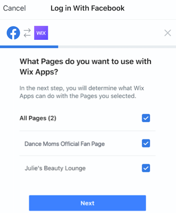 A screenshot showing the Facebook sharing permissions.