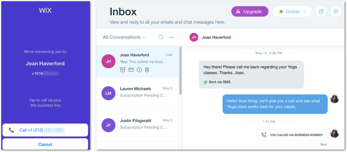 왼쪽의 Wix 앱 및 오른쪽 사이트 대시보드의 Wix Inbox를 통해 커뮤니케이션하는 스크린샷