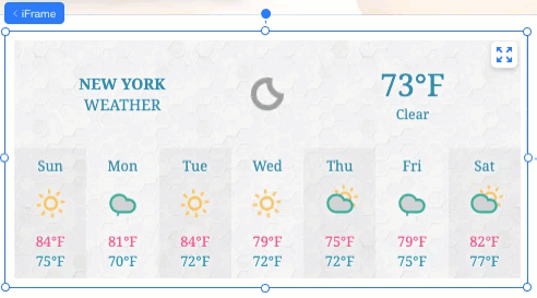 Exemplo de um widget de previsão do tempo em um site no Editor do Wix Studio, incorporado usando o iFrame HTML