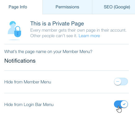 A screenshot of the Page Settings panel, where you can hide member pages from the Member Menu and Login Bar menu