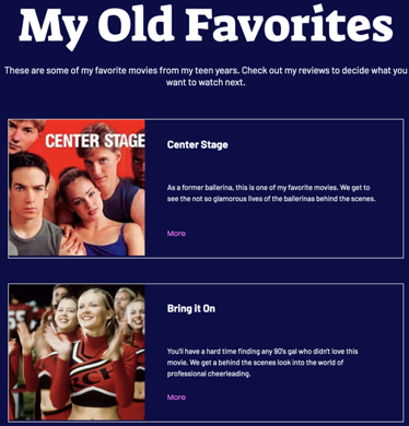 A dynamic page on a live site showing summaries of different movies.