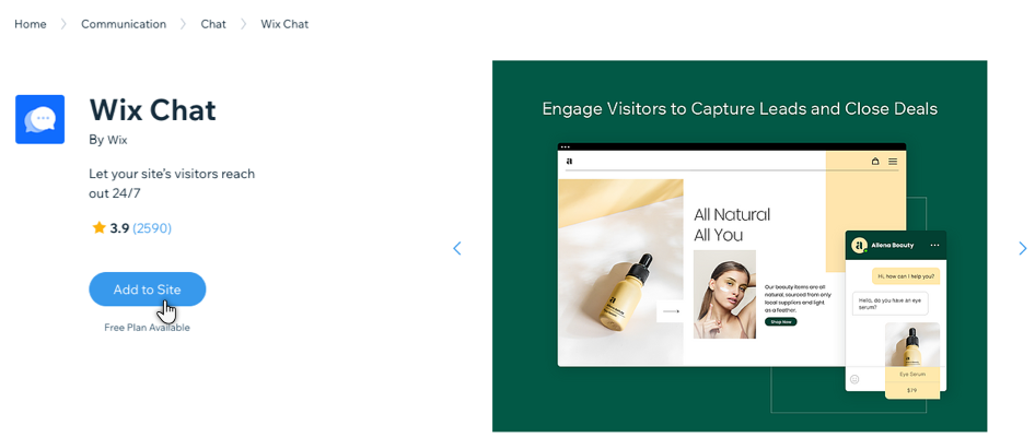 A screenshot of the Wix Chat app in the App Market.