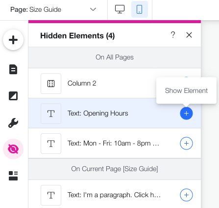 A screenshot of hidden elements in the editor on desktop.