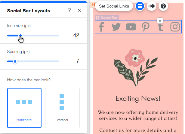 El panel de estilo de una barra de redes sociales en el Editor móvil.