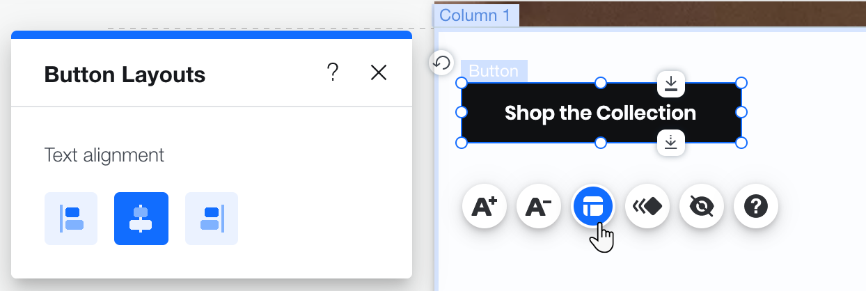 A cropped screenshot of a desktop button in the mobile Editor. The Layout panel is open, showing the text alignment options.