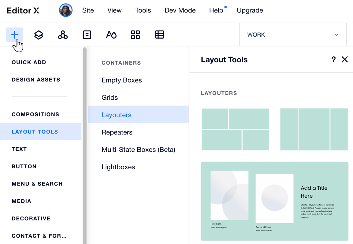 A screenshot of the Add Elements panel in Editor X, showing the different layouter options you can add