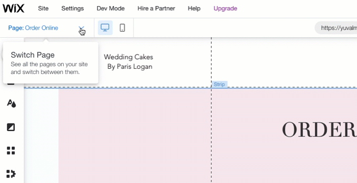 Gif of mouse hovering over Switch Page panel and changing pages in Wix Editor.