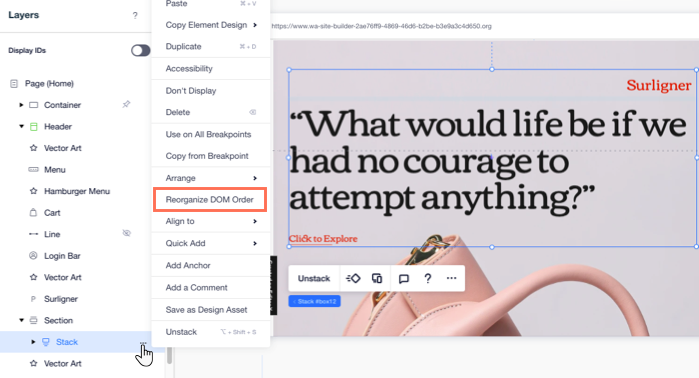 A screenshot of the Layers panel in Editor X, selecting the 'Reorganize DOM order' option for a Stack