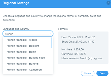 Une capture d'écran des paramètres régionaux où le formatage s'adapte à la langue et au pays spécifiques.