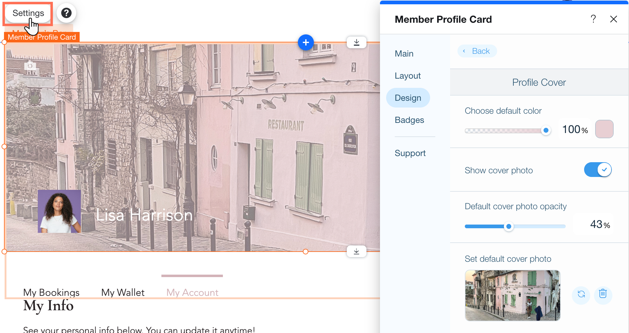 A screenshot of the Member Profile Card settings.