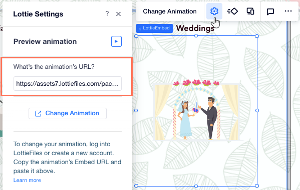 Cambiar la URL de animación de Lottie desde el panel de Opciones del elemento, después de agregarlo a tu sitio del Editor X