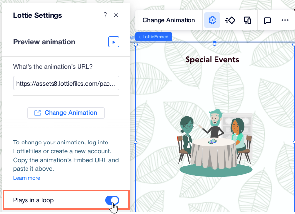 Clicking a toggle to set a Lottie animation to play in a continuous loop.