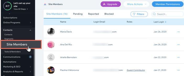 A screenshot of selecting Site Members in the left panel of the site dashboard.