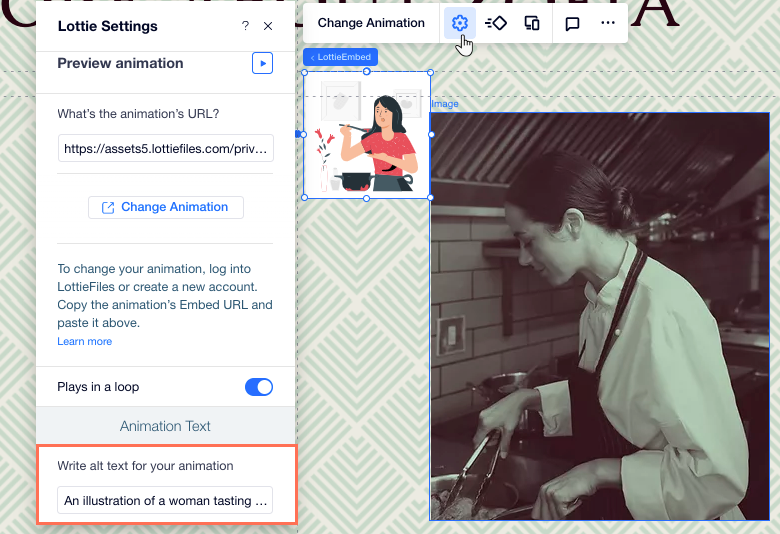 Writing alt text for a Lottie animation in the element's Settings panel in Editor X.