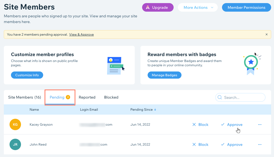 A screenshot of the Pending tab in the Site Members dashboard.
