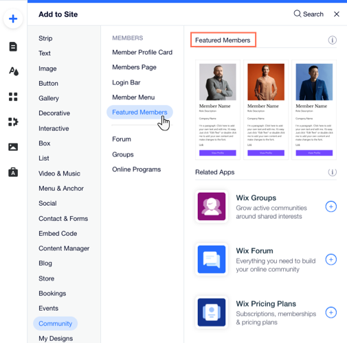 Cómo encontrar el elemento Miembros destacados en el panel Agregar dentro del Editor de Wix