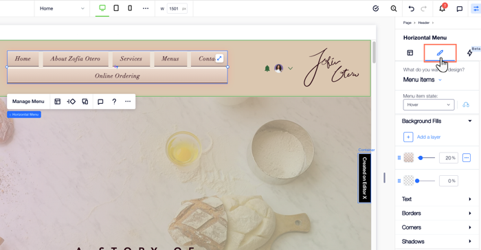 Personalizzazione del design del menu orizzontale con stile e del sottomenu nell'Editor X