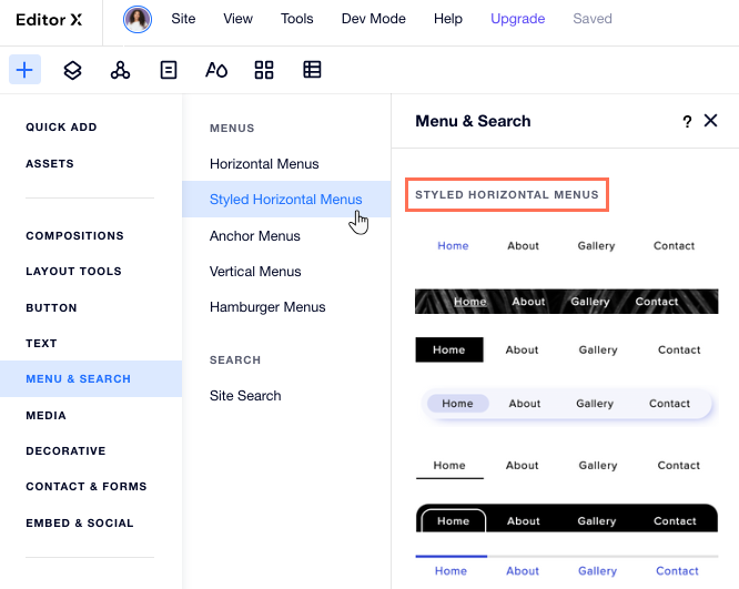 Editor X'teki Ekle panelinden Tasarımlı Yatay menü ekleme