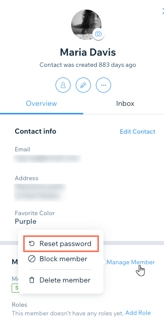 Resetting a site member's password from the member's Contact Card