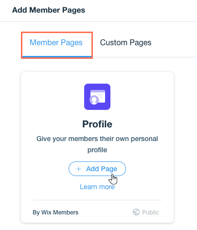 A screenshot of adding the Profile page to your site's Members Area, from the Pages panel