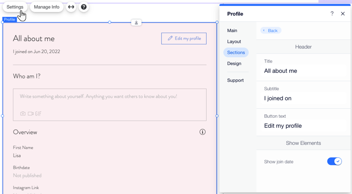 A screenshot showing the Profile Page's Settings panel open, with custom settings you can define.