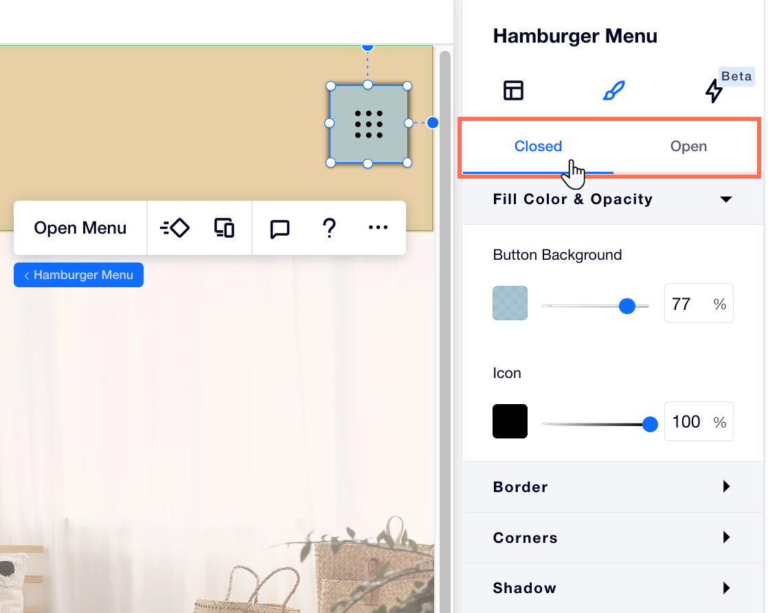 Screenshot van het Inspector-paneel in Editor X, tijdens het ontwerpen van een hamburgermenu