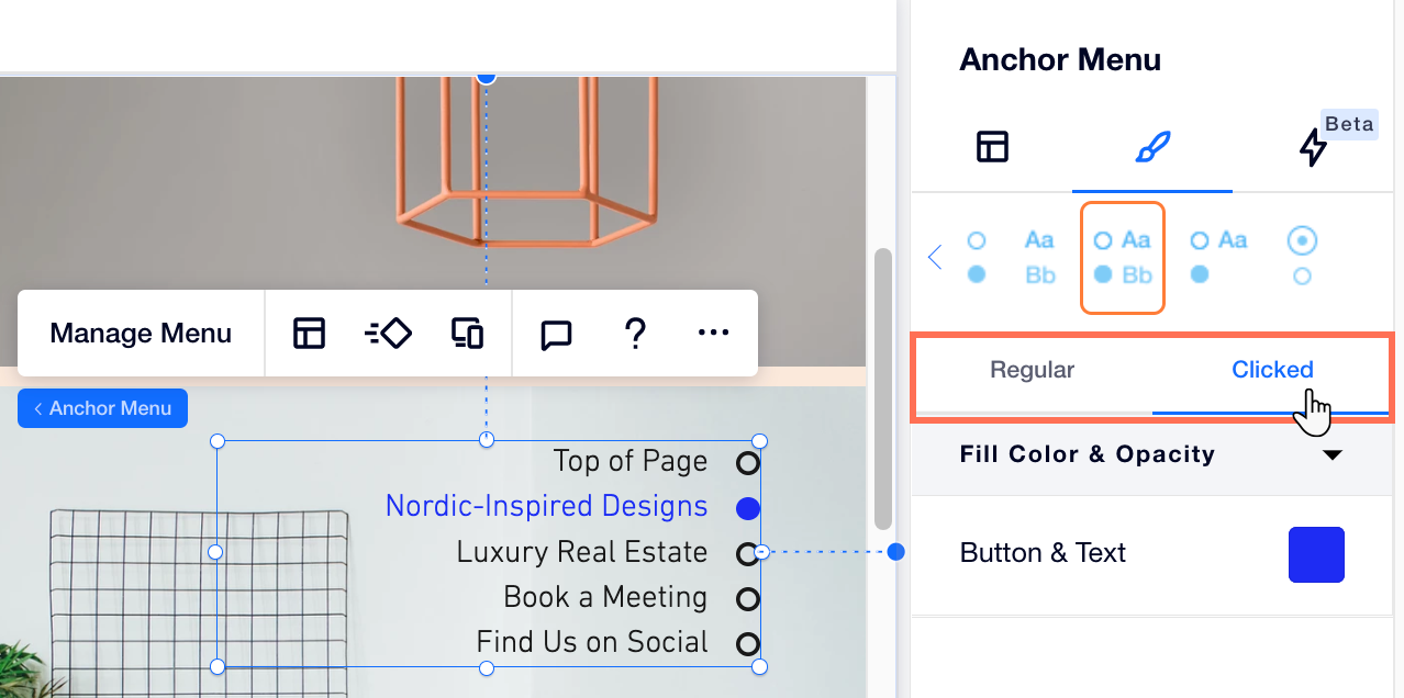 Screenshot des Inspektor-Panels in Editor X, während du ein Ankermenü gestaltest